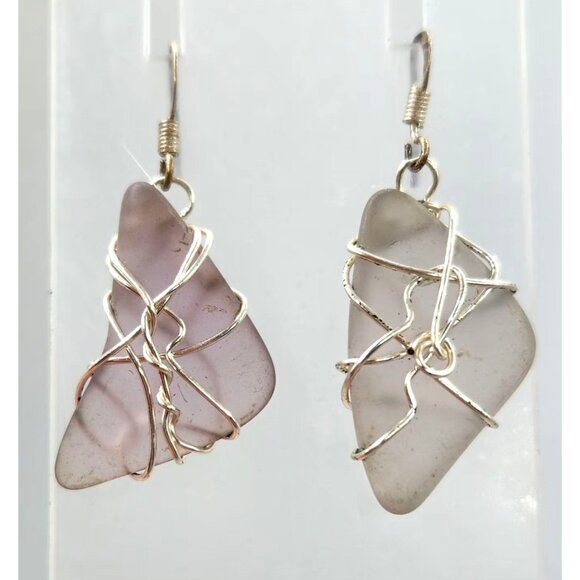 Asymmetrical Sea Glass Dangle Earrings, Wire Wrapped - Picture 1 of 2